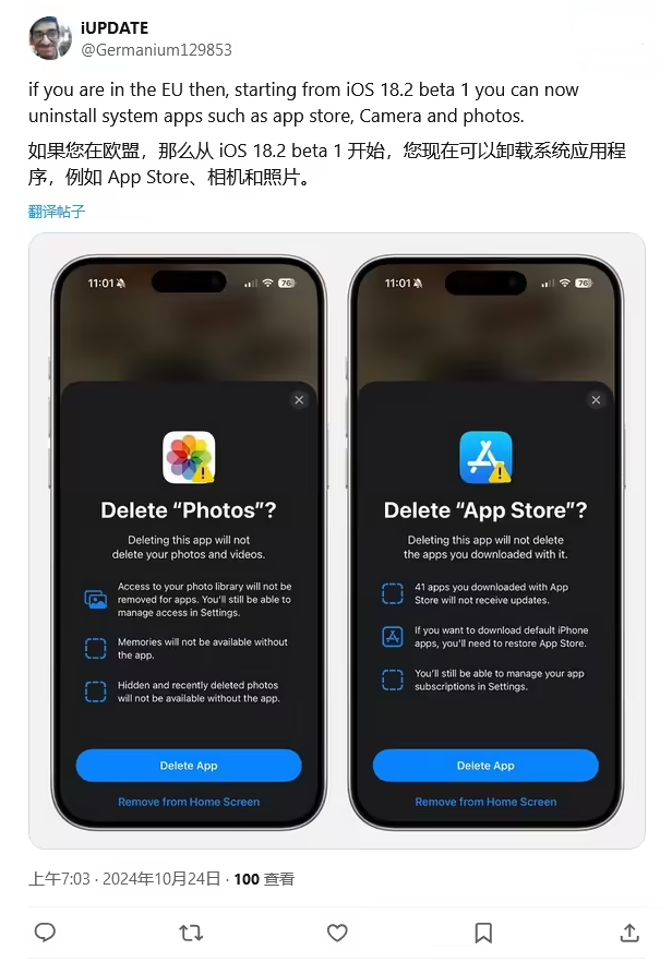 河口苹果手机维修分享iOS 18.2 支持删除 App Store 应用商店 